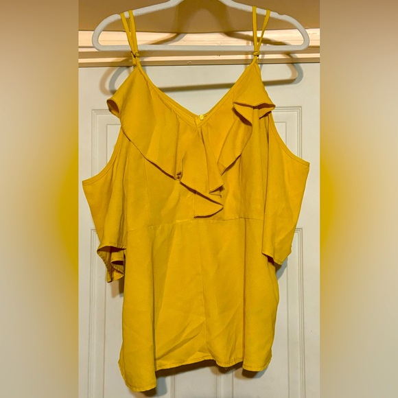 Ladies Plus Dark Golden Flare Cut-Out Drop Shoulder Blouse - Picture 2 of 7